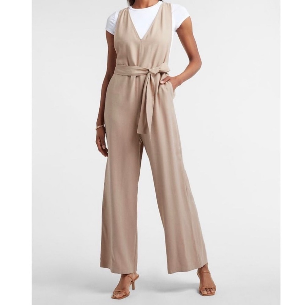 Express Jumpsuits Express Tan Wide Leg Tie Waist Overalls Jumpsuit